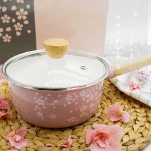 Япония розовый хороший Сакура утолщение эмаль суп горшок эмалированная печь эмалированная посуда ковш для молока деревянной ручкой 20 см 2л