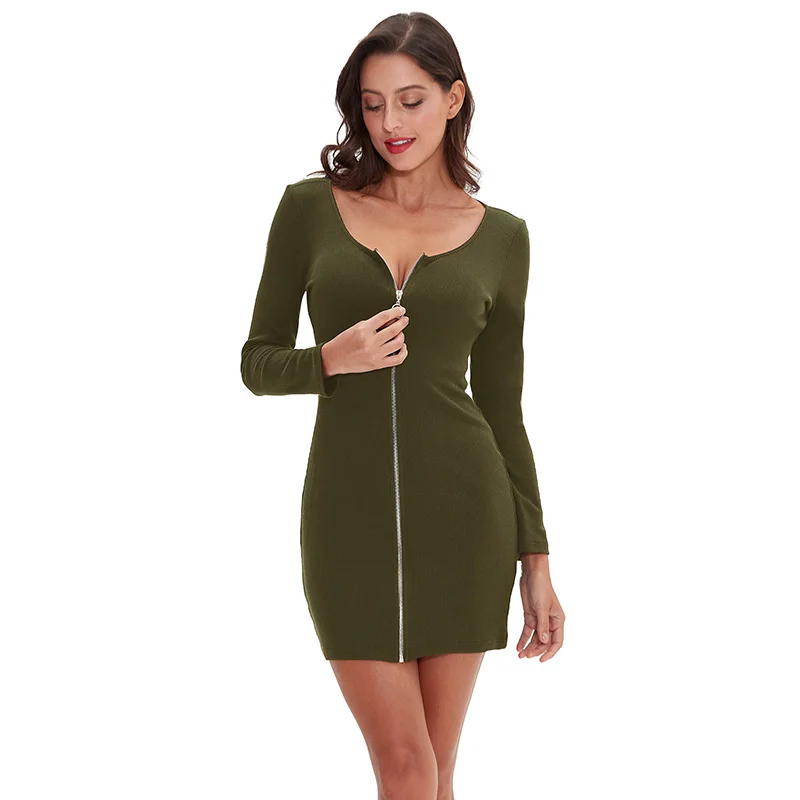 Женское облегающее мини-платье из хлопка с длинным рукавом на молнии для осени - Цвет: Olive green