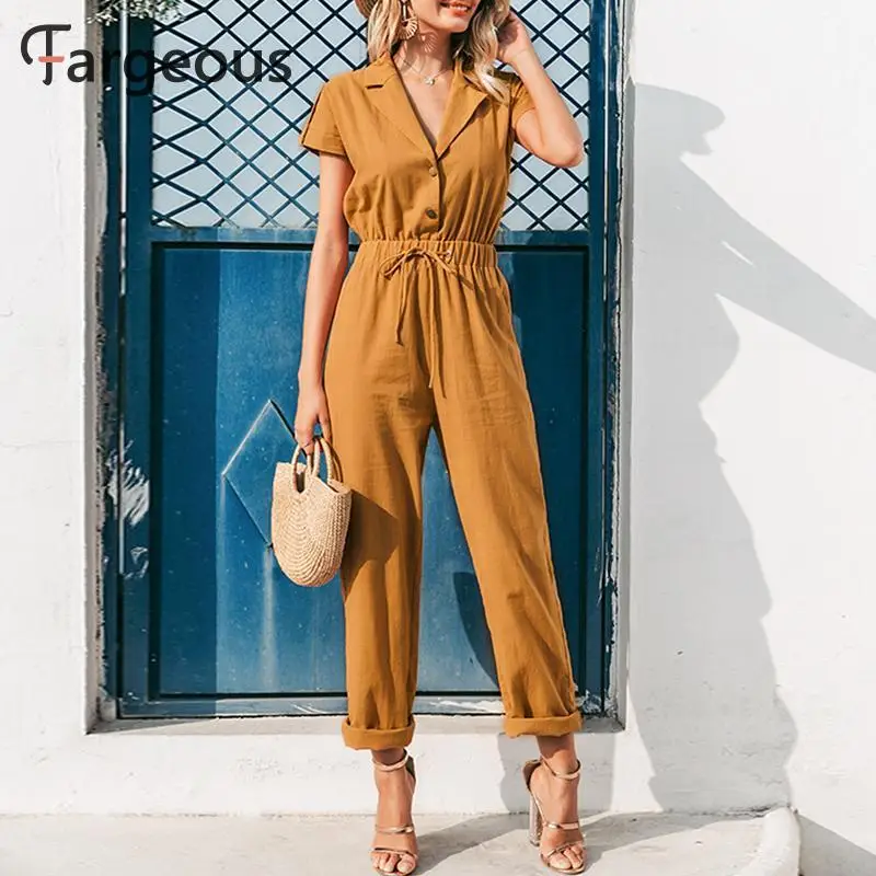 Fargeous Повседневный праздничный комбинезон с коротким рукавом и широкими штанинами для женщин летний модный длинный комбинезон с v-образным вырезом и завязками