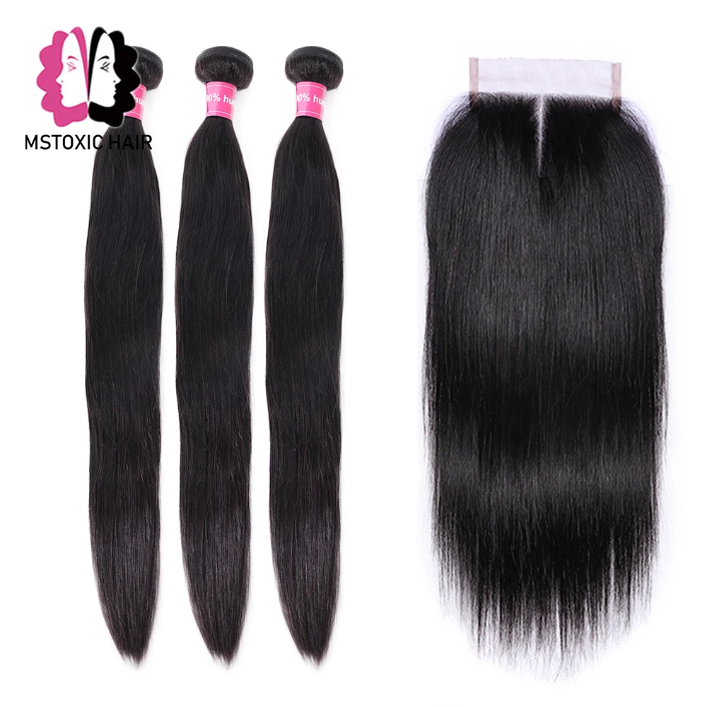 MSTOXIC Straight Hair Bundles With Closure Human Remy Brazilian Weave | Шиньоны и парики
