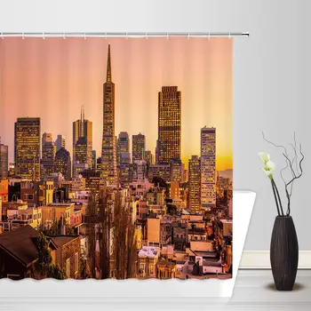 

City Lights Shower Curtain by Skyscraper Urban Houses with Fantasy Sky Charming Modern City Scenery Fabric Bathroom Decor Set