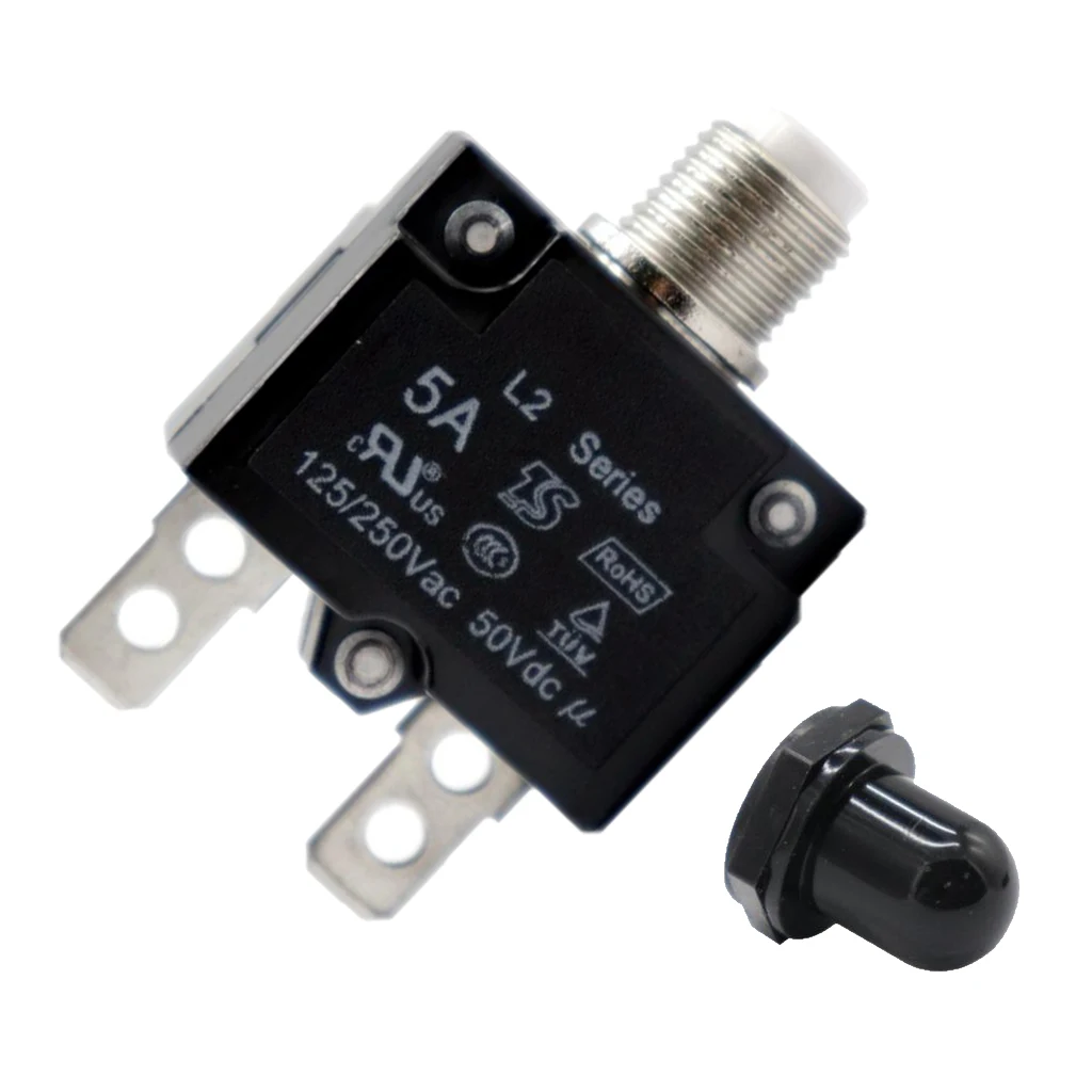Circuit Breaker 5AMP Push Button Resettable Thermal Panel Mount With Black Waterproof Cap AC 125/250V 50V DC