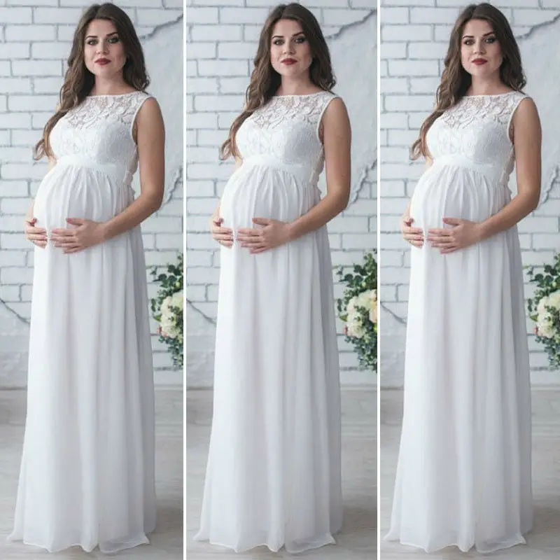Модное кружевное платье для беременных Макси-платье для фотосъемки новая одежда - Цвет: White Sleeveless