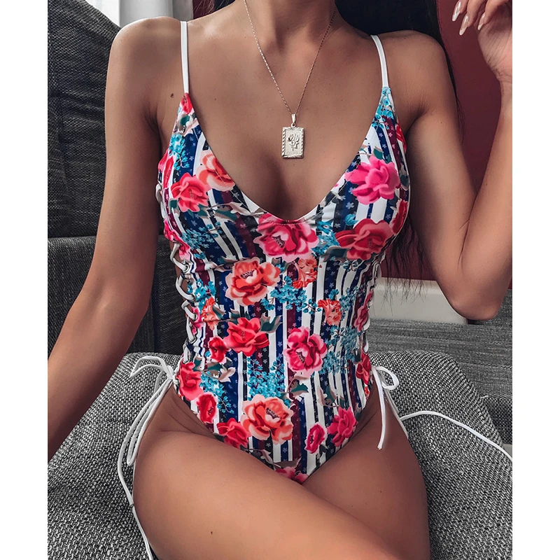 Sexy Lace Up Bandage 2020 Floral Print One-Piece Women Swimsuit Push Bathing Suit Swimwear Female Monokini Beachwear Biquini |