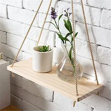 Hanging-Rope Flower-Pot Floating-Shelves Wall-Storage-Holder Plant Wood Room-Decoration