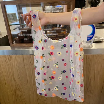 

New Flower Embroidery Portable beach bags summer women Organza Casual large capacity Tote Mesh Shopping Bags Woman Handbags