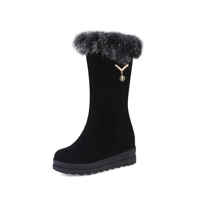 black thick fur MORAZORA/ г., Новое поступление, ботинки до середины икры женские зимние ботинки из флока с густым мехом удобная женская обувь на плоской платформе - Цвет: black thick fur
