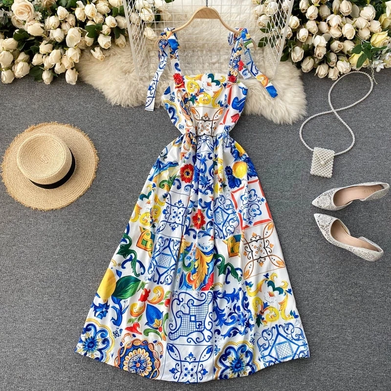 Fashion Runway Summer Dress 2021 New Women's Bow Spaghetti Strap