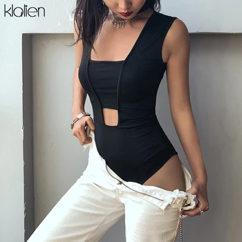 

KLALIEN black sexy skinny female bodysuits 2020 summer fashion beach casual vacation hollw out sleeveless low cut bodysuit lady