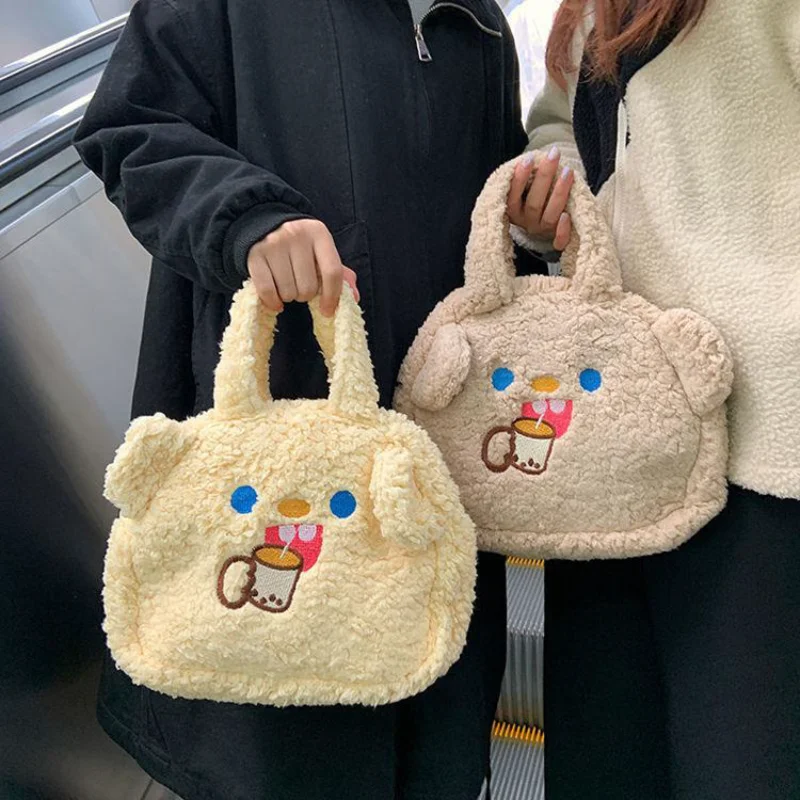 

New Winter Soft Plush Shoulder Bag Women Cartoon Embroidery Lamb Hair Shoulder Bag for Women Shopper Bag Ladies Handbag