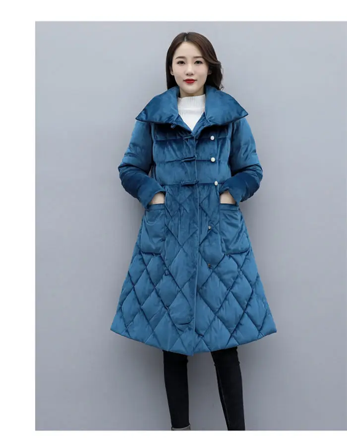 Gold Velvet Cotton Padded Coats Women Winter New Vintage Jacket Slim Long Elegant A-line Warm Down Cotton Parka Mujer f2211