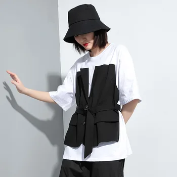 

Trend Pullover Solid Color T-shirt with belt Fashionable Women's Fake Two-piece Tops Streetwear Tees Female New Arrivals