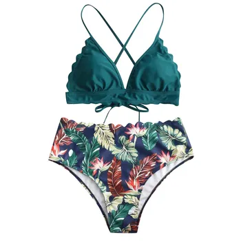 

2020 New Sexy Women Bikini Set Women Sexy Crisscross Back Leaf Print High Waist Bikini Set Two Piece Swimsuit