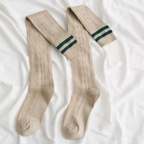80cm women's stockings color double-layer striped thighs knit stockings stockings - Цвет: Хаки