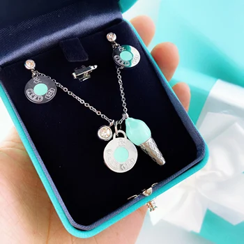 

Stainless steel jewelry ice cream pendant blue heart luxury brand plated necklace 925 white allergy earring woman wholesale