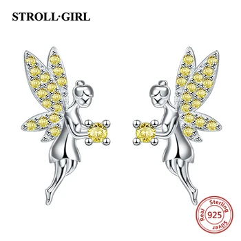 

Strollgirl 925 Sterling Silver Cute Elves girl with wings earrings yellow zircon Stud Earrings for Women Valentine Jewelry gift