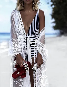 

New trendy Women Sexy Mesh Fashionable Long Sleeve Beach Floral Print Women Bikini Cover See Through Sexy Beach Swiming Cover