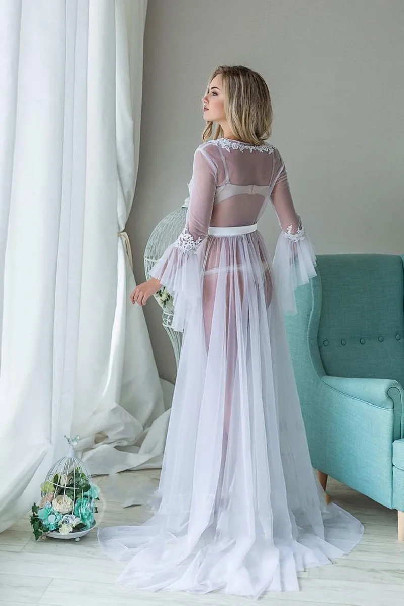 V Neck Lace Bridal Boudoir Robe Bridal Tulle Illusion Sexy Trumpet Sleeves Long Sleeve Costume Custom Made Mingli Tengda