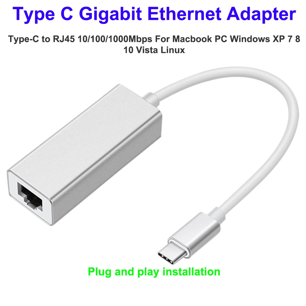 Тип C Gigabit Ethernet адаптер Тип с разъемами типа C и RJ45 10/100/1000 Мбит/с для Macbook ПК Windows XP, Windows 7 8 10/Vista/Linux