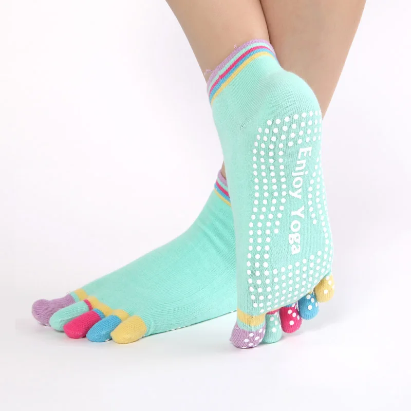 Женские спортивные цветные носки для йоги, популярные хлопковые носки для тренировок, фиолетовые Нескользящие Дышащие носки для фитнеса, носки для пилатеса, радужные - Цвет: Зеленый