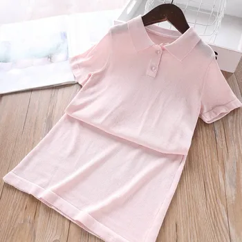 

2020 Spring and Summer Girls Fold-down Collar Knit Set T Shirt and Skirt Childrenswear Wholesale