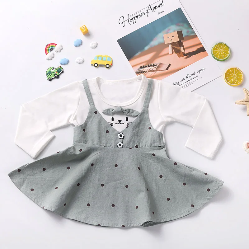 Платье из 2 предметов для маленьких девочек осеннее Повседневное платье принцессы с длинными рукавами и принтом в горошек для детей от 6 до 36 месяцев