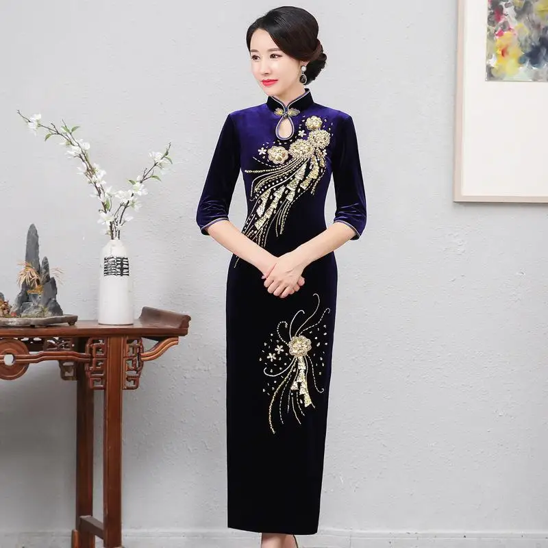 Мандарин Воротник для женщин Cheongsam высокий разрез пикантное вечернее платье с рукавами 1/2, вышивкой цветок Qipao большой размер 3XL 4XL Vestidso - Цвет: StyleB 5