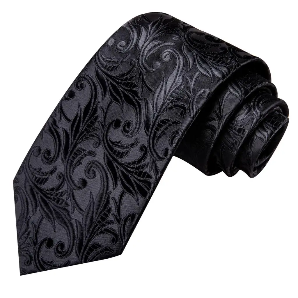 Black Floral Silk Wedding Tie Set - Elegant Necktie with Handkerchief  Cufflinks for Men