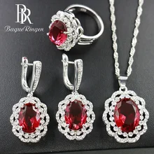 Bague Ringen, цветок, серебро 925, ювелирные наборы для женщин, овальные драгоценные камни, цитрин, рубин, кольцо, серьги, ожерелье, костюм из трех частей, подарок