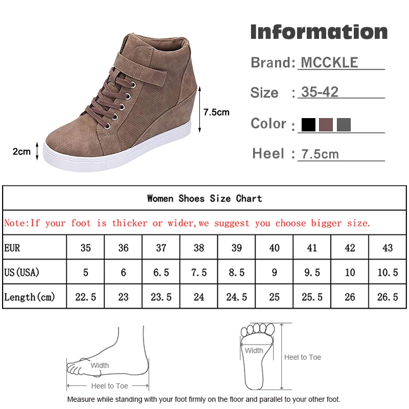 MCCKLE Women Sneakers Lace Up Suede Hook Loop Vulcanized Shoes Women's High Increasing Ladies Platform Footwear Female Plus Size