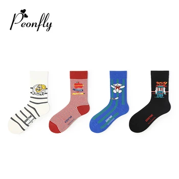 

PEONFLY New 2019 Autumn Winter Women Funny Cartoon Striped Printed Cotton Socks Trend Harajuku Hip Hop Comfort Skarpetki