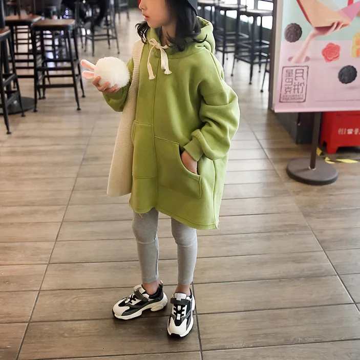 

winter 2019 children long hooded pure color fleece pocket Sweatshirts baby girls thicking warm loose leisure tops