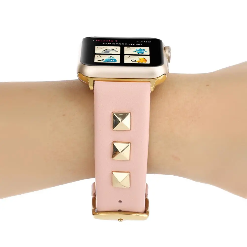 Золотая заклепка кожаный ремешок для apple watch band 42/38 мм apple watch 4 44 мм 40 мм correa Замена браслета для iwatch series 3/2/1