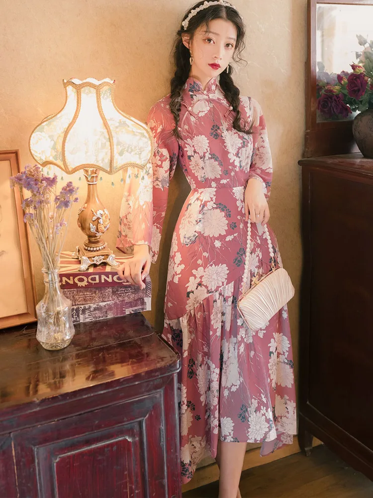 

2020 New Wind Improved Cheongsam nian qing kuan GIRL'S Sweet Floral-Print Full Body Dress High-waisted MORI Series Platycodon Gr