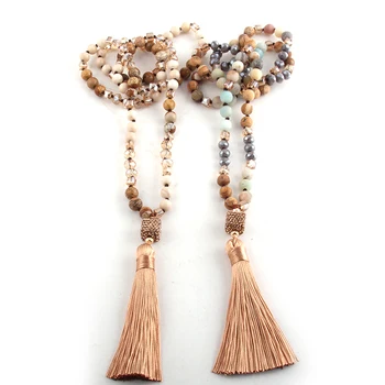 

Fashion Bohemian Tribal Jewelry 8MM Natural Stone/Beige Glass Knotted Square Pave Tassel Necklace For Women Beaded Necklaces