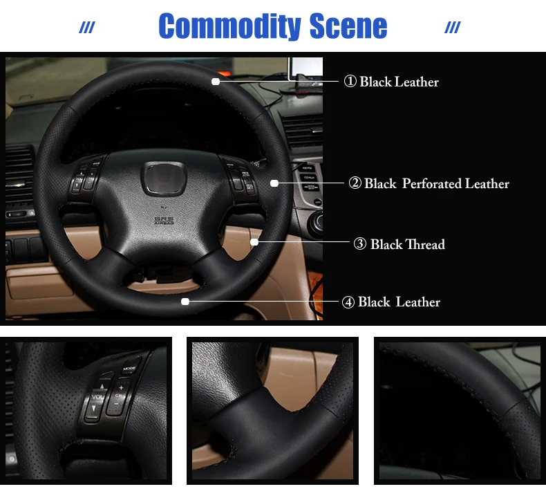 Черные кожаные чехлы рулевого колеса автомобиля для Honda Accord 7 2004-2007 Авто рулевые чехлы