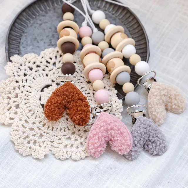 Baby Lamb wool Star Pacifier Chains Dummy Wooden Clips Chain Heart Baby Pacifier Clips Holder Chain Personalized Kids Toys 6