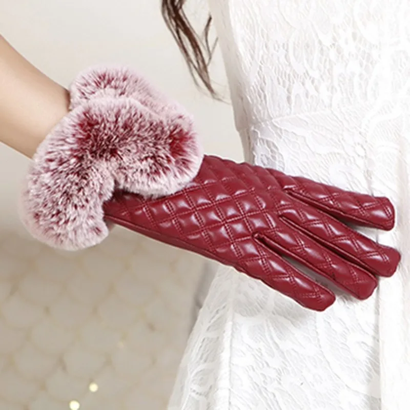 Продукт Mimi rex, перчатки из кроличьего меха, двойная линия, клетчатые зимние плюс бархатные теплые перчатки с полным сенсорным экраном, кожаные перчатки для улицы
