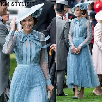 

Kate Princess Same Paragraph 2019 Autumn NEW Women Blue Heavy Industry Embroidery Bow Collar Medium long Dress