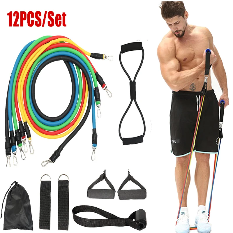 12pc Fitness Resistance Bands Set Elastic Bodybuilding Resistant