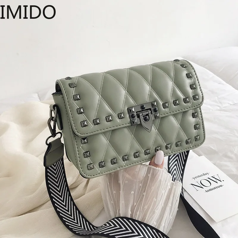 

IMIDO 2019 New Fashion Rivet Embroidery Line Small Square Bag Wild Shoulder Slung Female Bag Wide Shoulder Strap Handbag