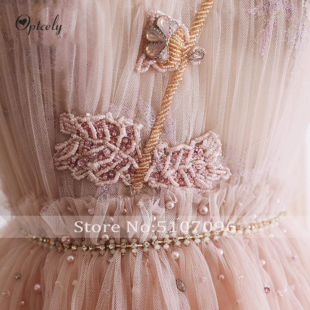 Optcely Robe De Mariee милые розовые вечерние платья с высоким горлом для выпускного вечера многоуровневые женские платья без рукавов с аппликацией из бисера Длинные вечерние платья