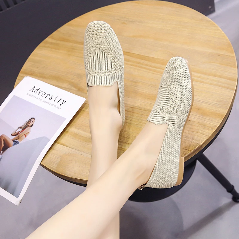 SLHJC Women Summer Autumn Flats Shoes Knit Fabric Breathable Loafers Square Toe Flat Heel Slip Resistance Sneakers Ballet Shoes