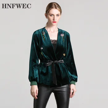 

2019 Autumn New Pattern V-collar Long Sleeve Beaded Pleated Lace Gold Velvet Jacket Fashion Tide F382
