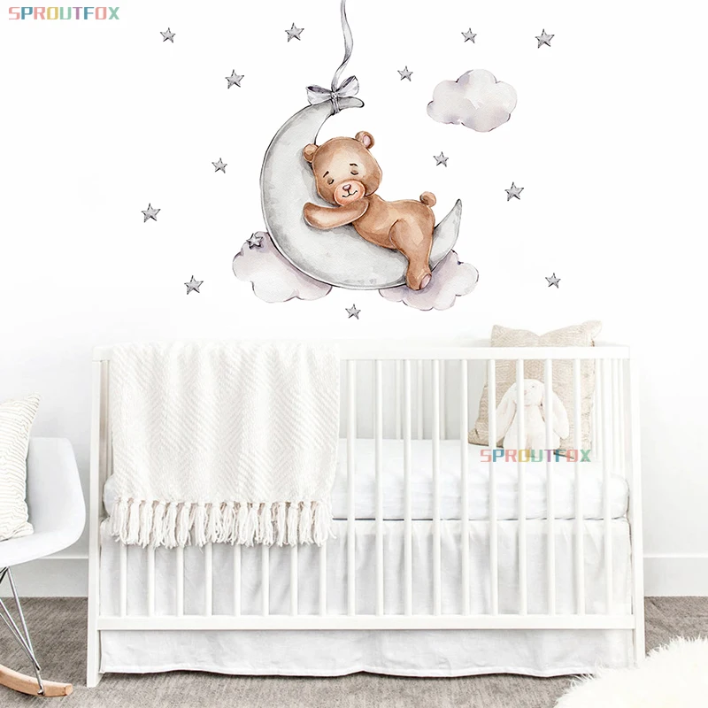 Brown Bear Sleeping on the Moon Wall Stickers for Kids Room Baby Nursery Home Decorative Cartoon Animal Vinyl Decals | Дом и сад