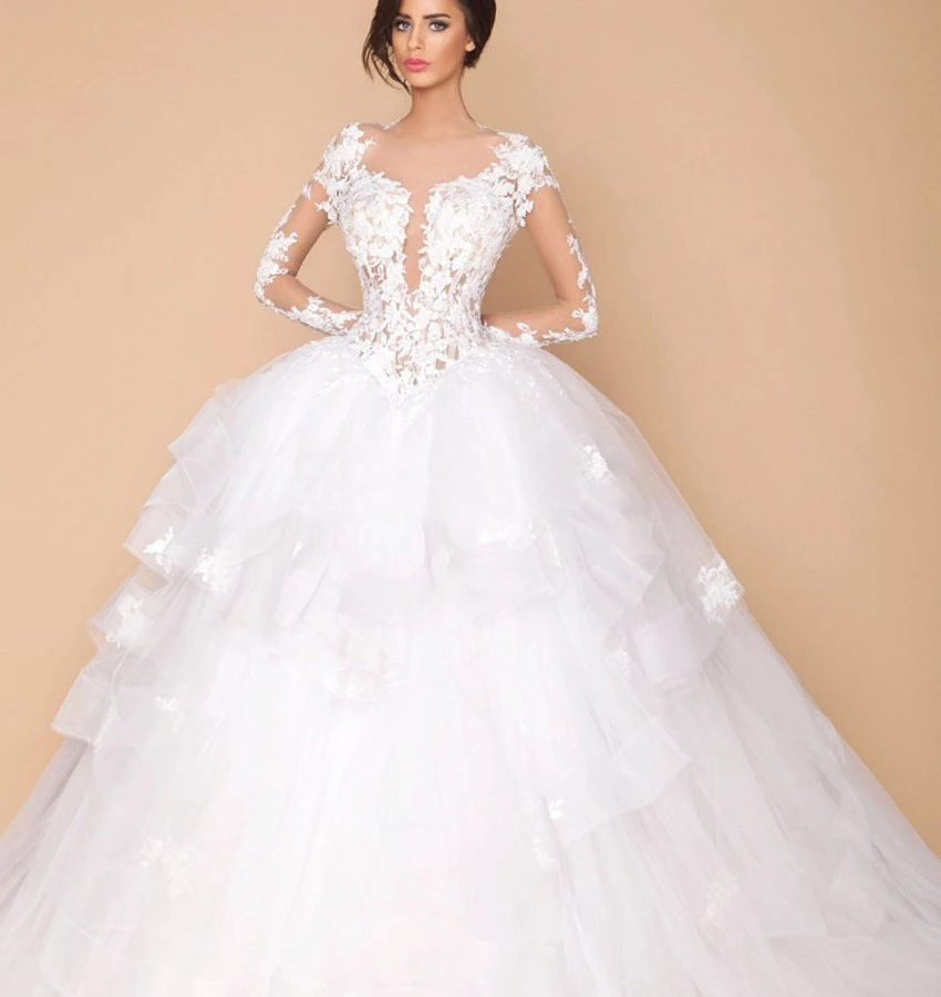 

romantic backless long sleeve appliques lace women bridal ball gown marry dress luxury party vestidos Bespoke Wedding Dresses