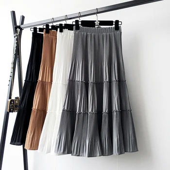 

New Women Pleated Skirt Solid Thin Pleated Skirt Office Ladies Long Skirt Female Casual A-line Mid-calf Swing Skirt