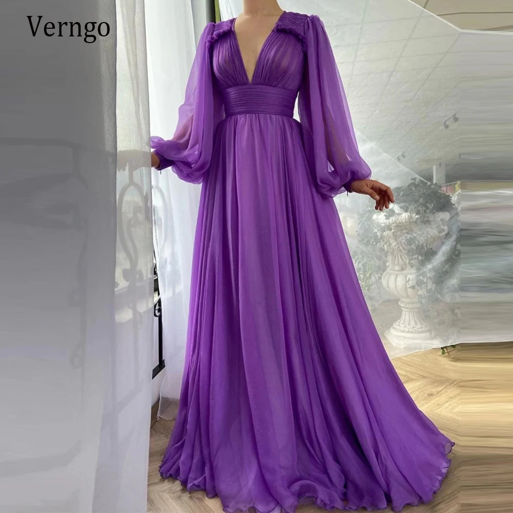 Verngo élégant Violet Soie Mousseline de Soie Robes de Bal manches Longues bouffantes Une Ligne Col