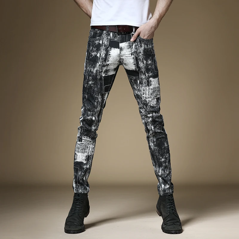 Men Jeans Fashion Black Tie Dye Ink Jet Printed Pants Streetwear Straight Cotton Stretch Denim Trousers