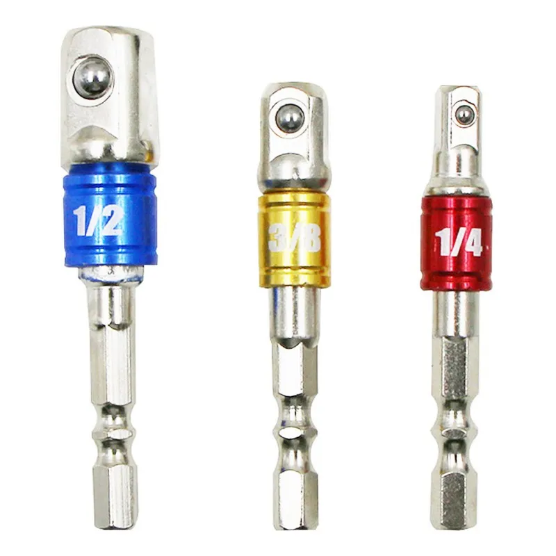 

Colorful Universal Sleeve Connecting Rod Socket Adapter Set Hex Shank To 1/4" 3/8" 1/2" Impact Driver Drill 3 Pcs Set